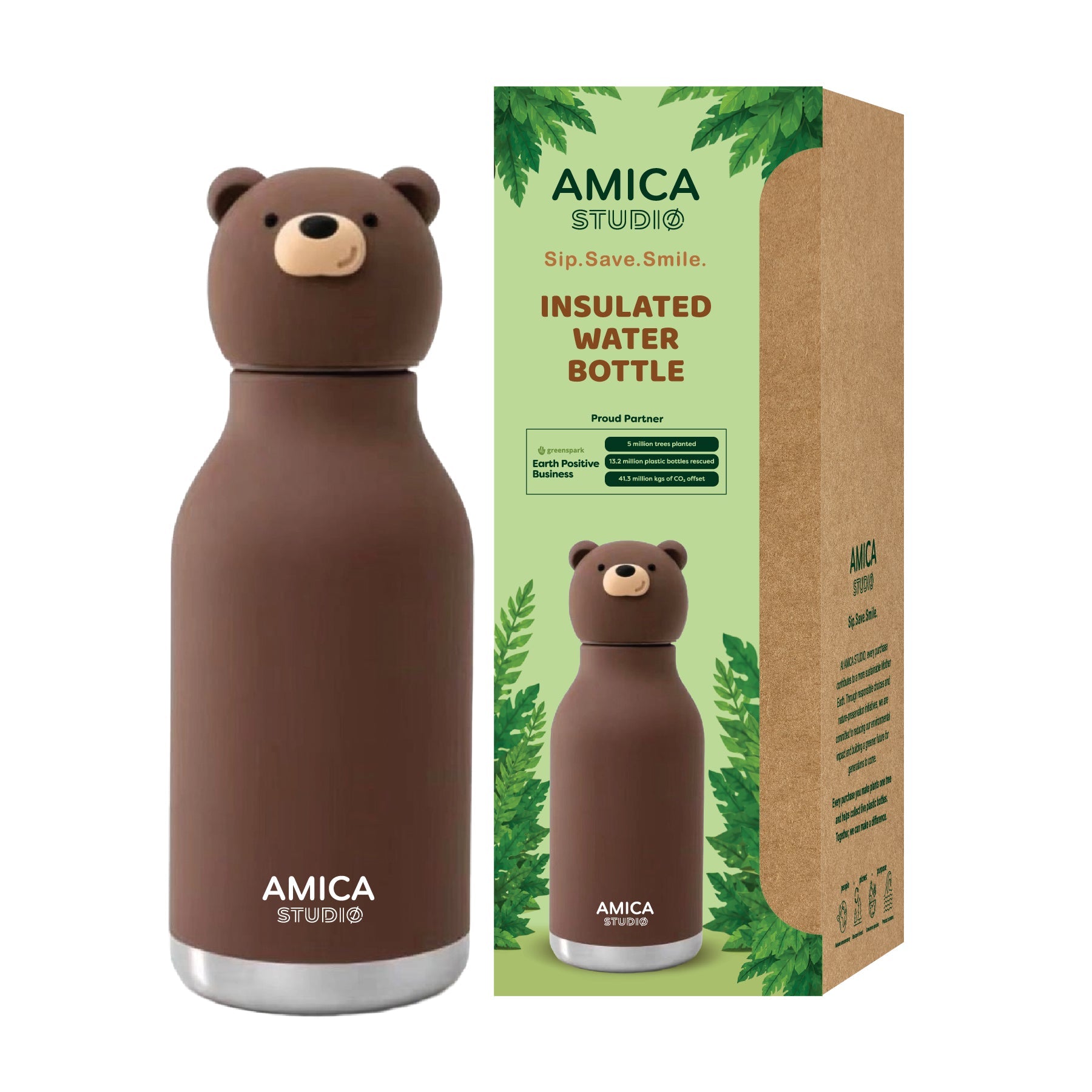 AMICA STUDIO Kids Insulated Water Bottle - Bruno the Brown Bear with packaging box