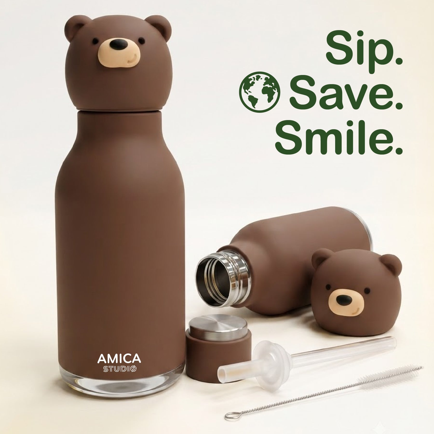 AMICA STUDIO Bruno the Brown Bear kids water bottle with included straw and cleaning brush