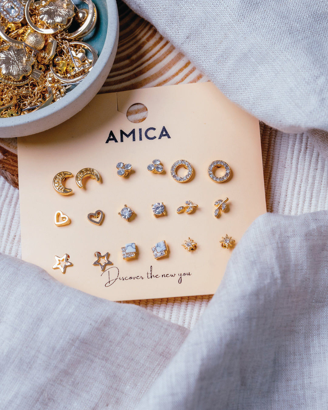 Amica Light Gold Metallic Gold Plated Multipack Earrings set
