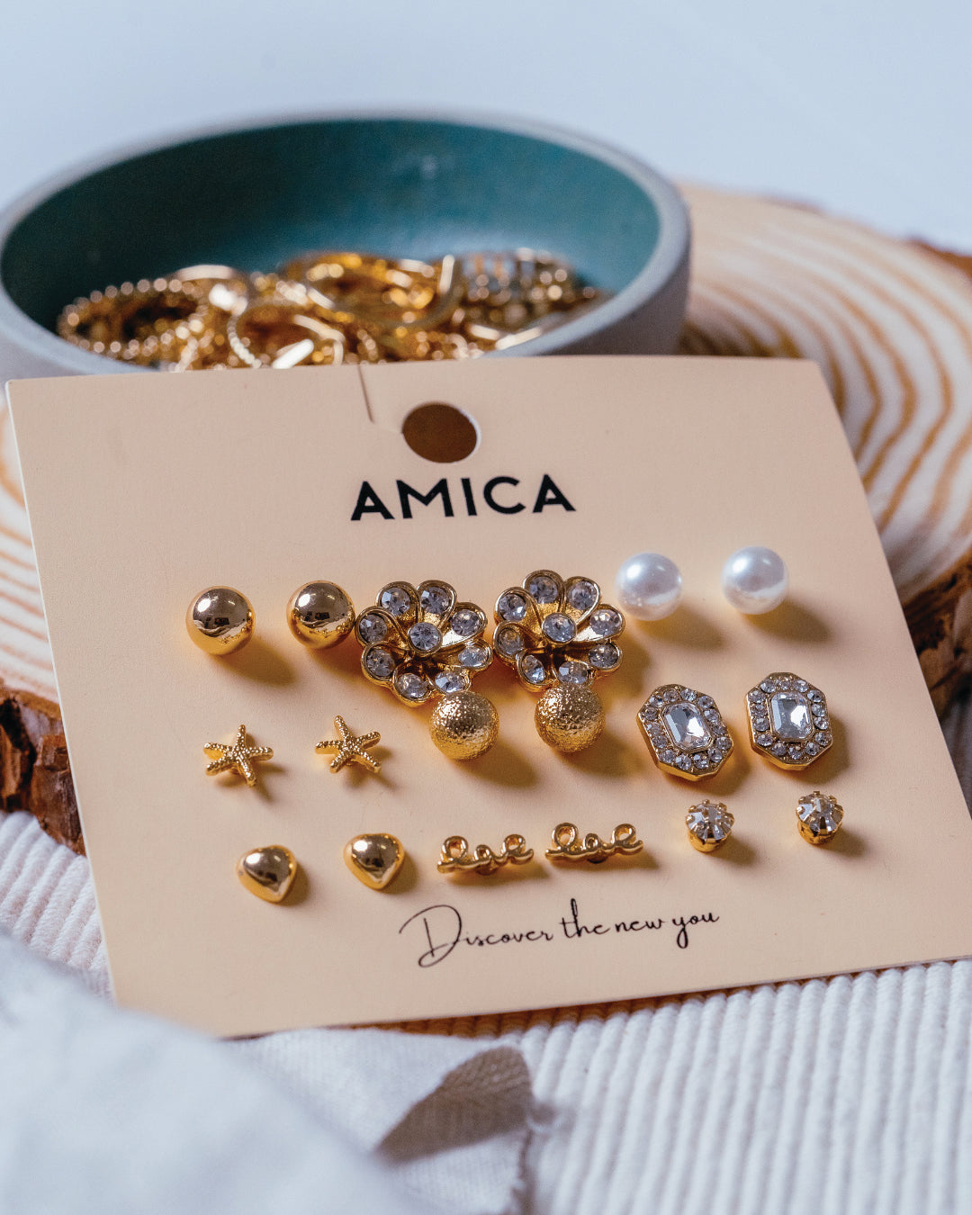 Amica Light Gold Metallic Gold Plated Multipack Earrings set