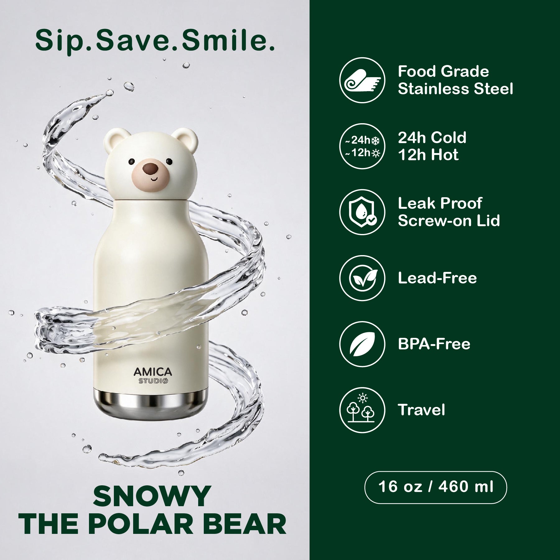 Kids Water Bottle Insulated - Snowy the Polar Bear | AMICA STUDIO