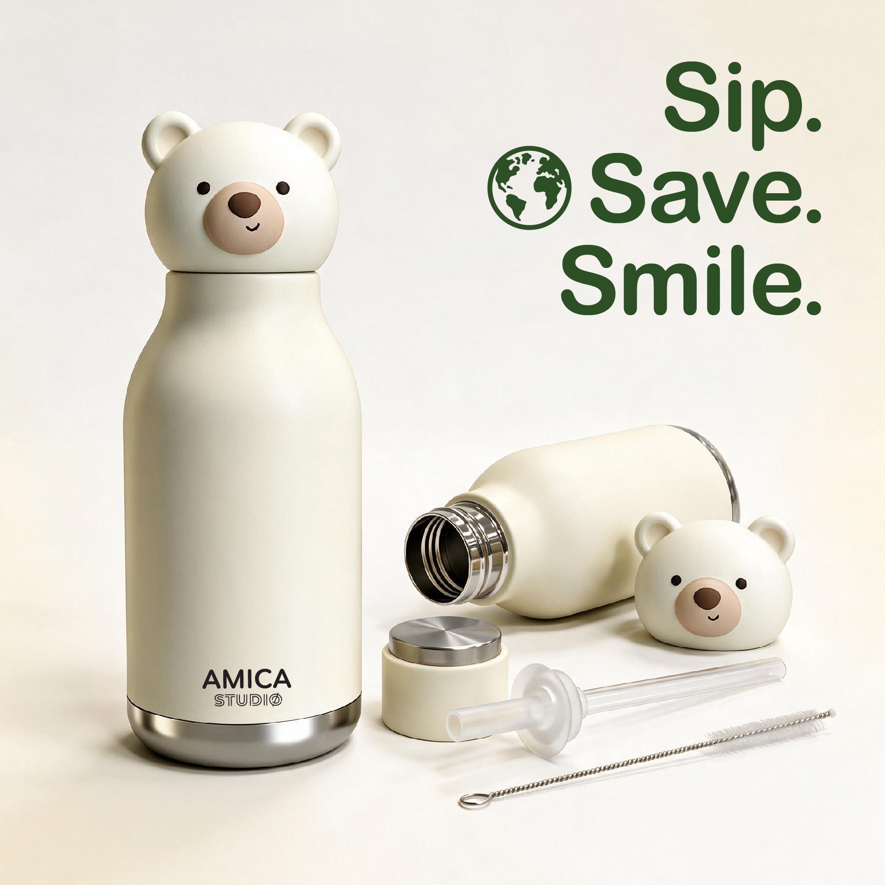 Kids Water Bottle Insulated - Snowy the Polar Bear | AMICA STUDIO
