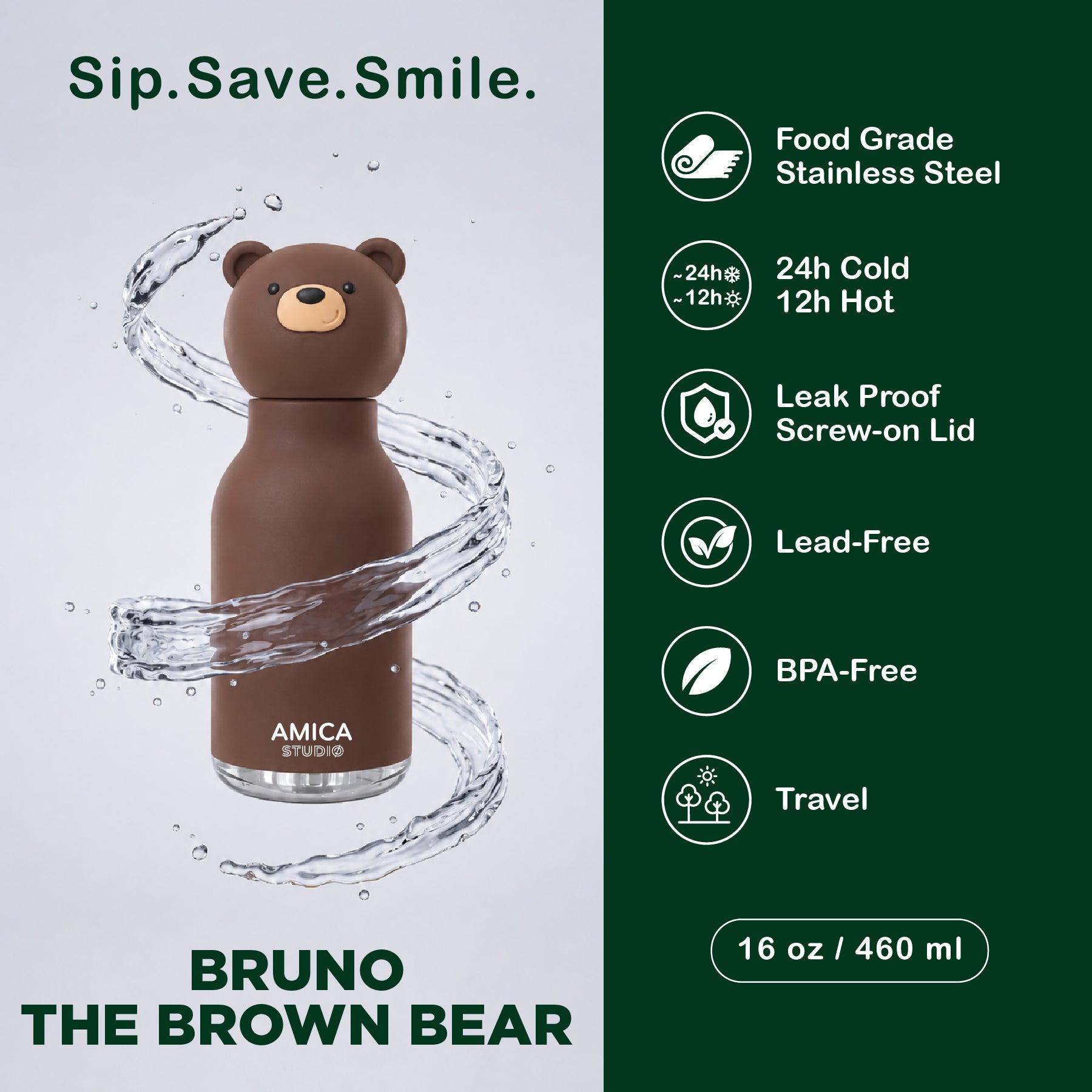 AMICA STUDIO Bruno the Brown Bear kids water bottle features - 460ml, 24h cold 12h hot, leak proof lid, BPA free