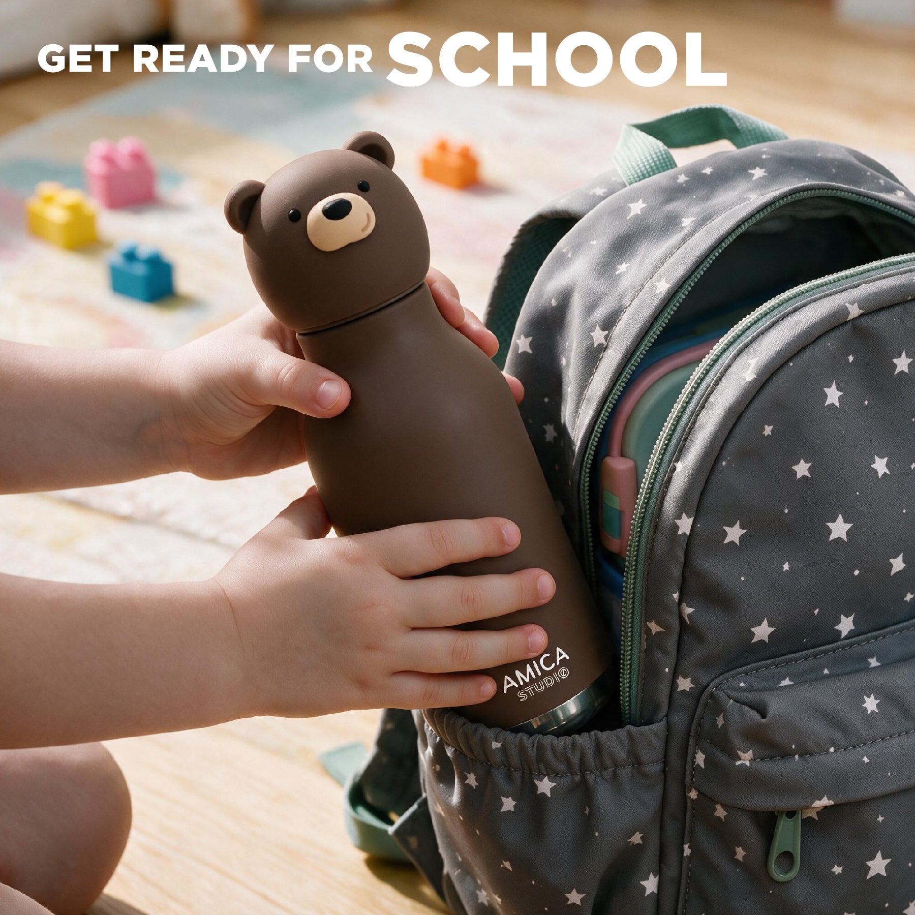 AMICA STUDIO Bruno the Brown Bear kids water bottle fitting in a school backpack side pocket