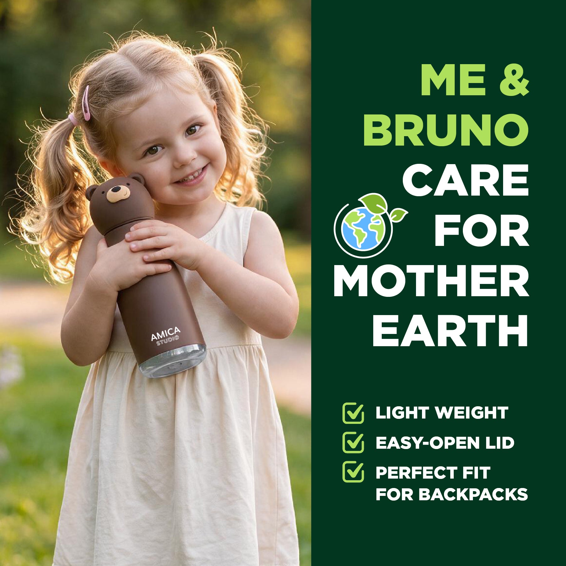 Child hugging AMICA STUDIO Bruno the Brown Bear kids water bottle, lightweight easy-open lid