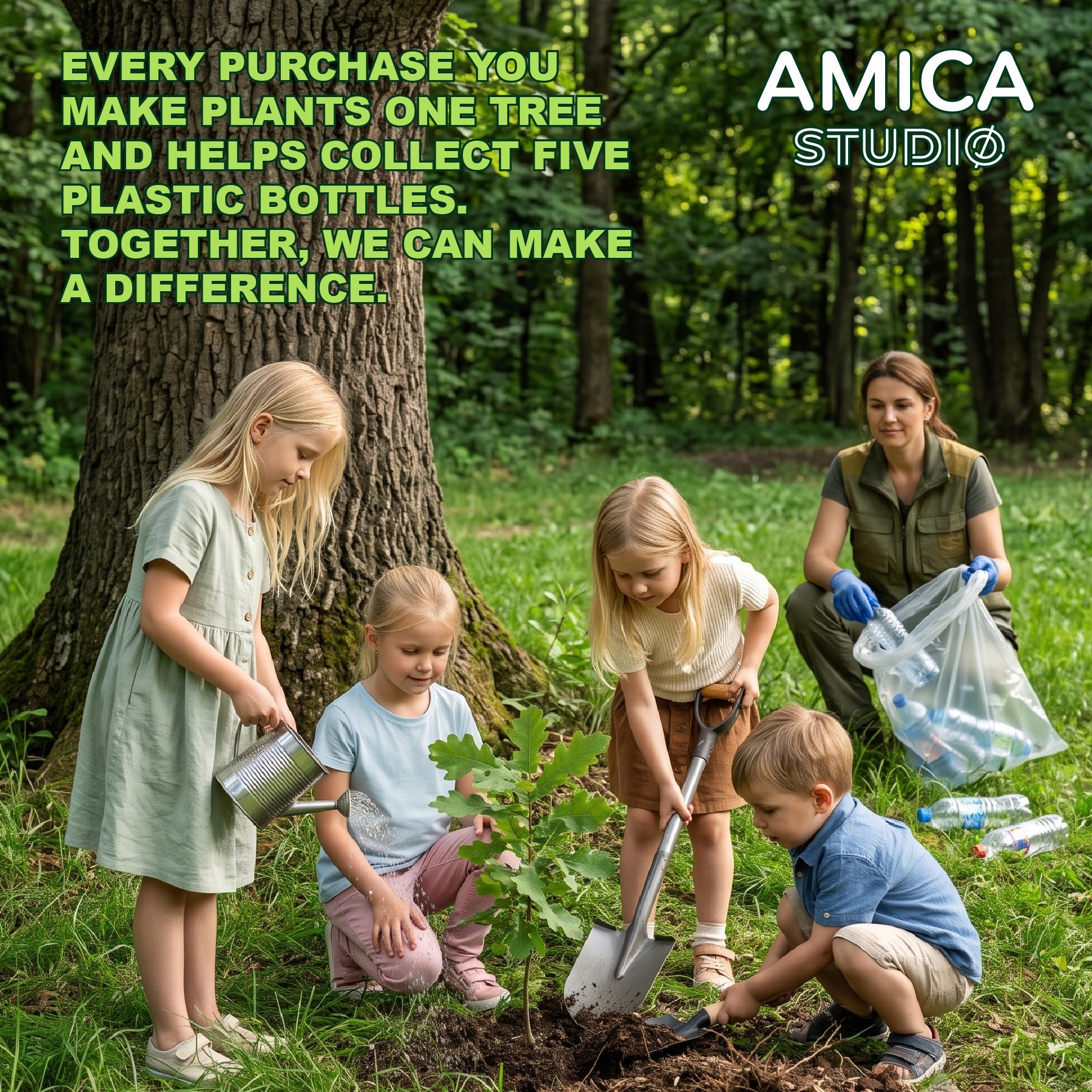 AMICA STUDIO sustainability commitment - one tree planted per Bruno the Brown Bear kids water bottle purchase